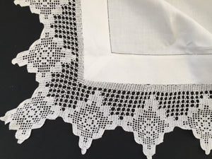 Antique Ajour Openwork Embroidered Irish Linen Tablecloth with Deep Floral Filet Crochet Edging