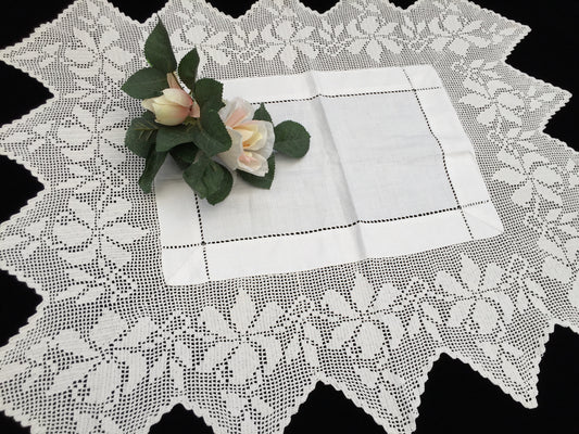 Antique Irish Linen and Lace Butler's Cloth with Ajour Openwork Embroidered and Deep Filet Crochet Edging