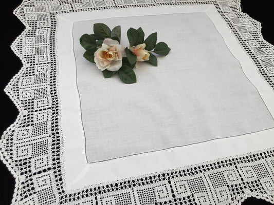 Antique Irish Lace and Linen Tablecloth with Openwork Ajour Embroidery and Filet Crochet Edging