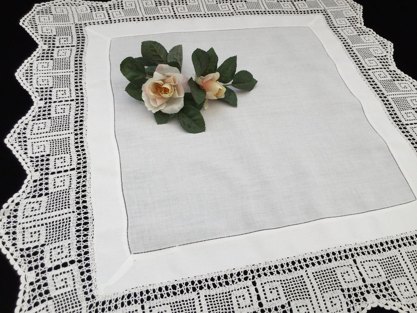 Antique Irish Lace and Linen Tablecloth with Openwork Ajour Embroidery and Filet Crochet Edging