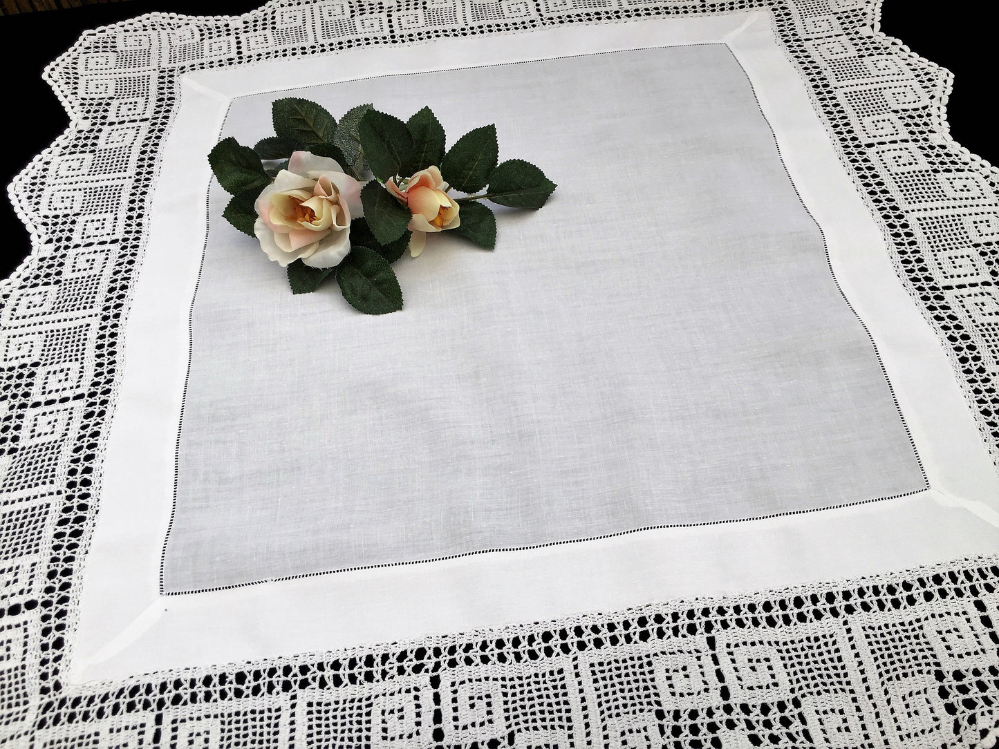 Antique Irish Lace and Linen Tablecloth with Openwork Ajour Embroidery and Filet Crochet Edging