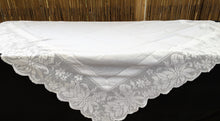 Load image into Gallery viewer, Large Antique Irish Lace and Linen Tablecloth with Ajour Embroidery and Deep Floral Filet Crochet Edging