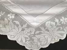 Load image into Gallery viewer, Large Antique Irish Lace and Linen Tablecloth with Ajour Embroidery and Deep Floral Filet Crochet Edging