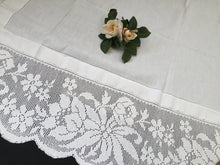 Load image into Gallery viewer, Large Antique Irish Lace and Linen Tablecloth with Ajour Embroidery and Deep Floral Filet Crochet Edging