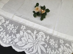 Large Antique Irish Lace and Linen Tablecloth with Ajour Embroidery and Deep Floral Filet Crochet Edging