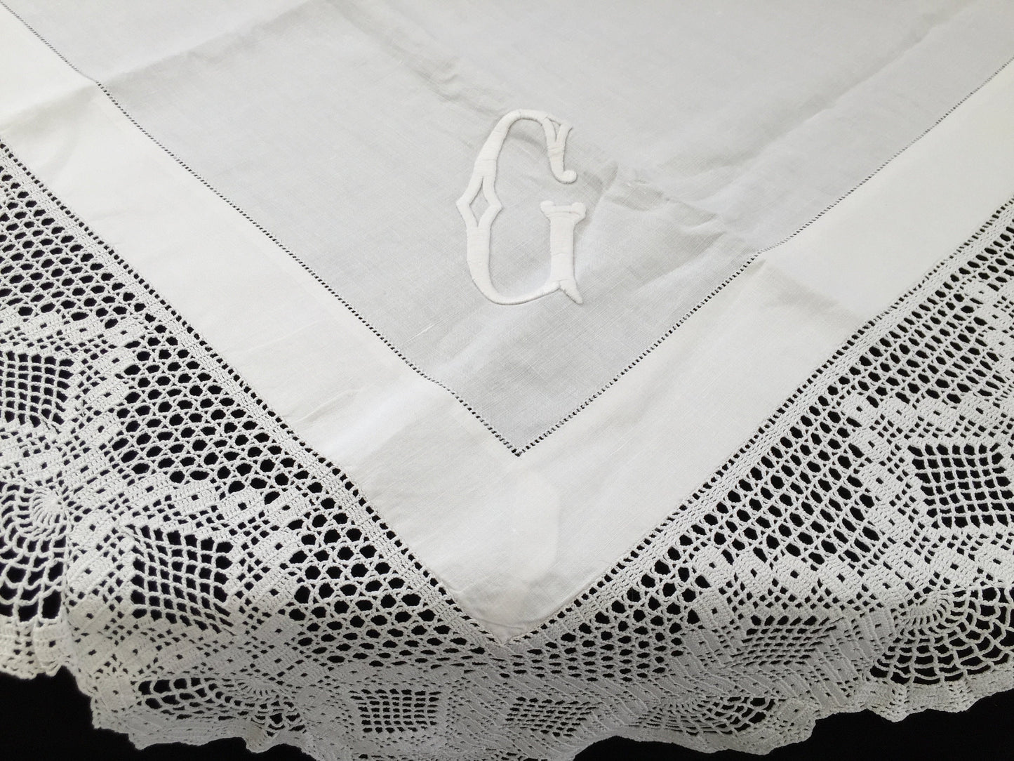 Vintage Art Deco Style Irish Linen Monogrammed (G) Tablecloth with Ajour Openwork Embroidery and Deep Filet Crochet Edging