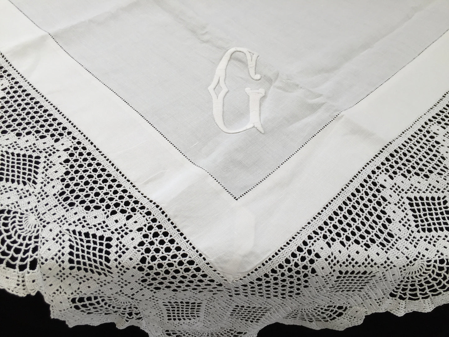 Vintage Art Deco Style Irish Linen Monogrammed (G) Tablecloth with Ajour Openwork Embroidery and Deep Filet Crochet Edging