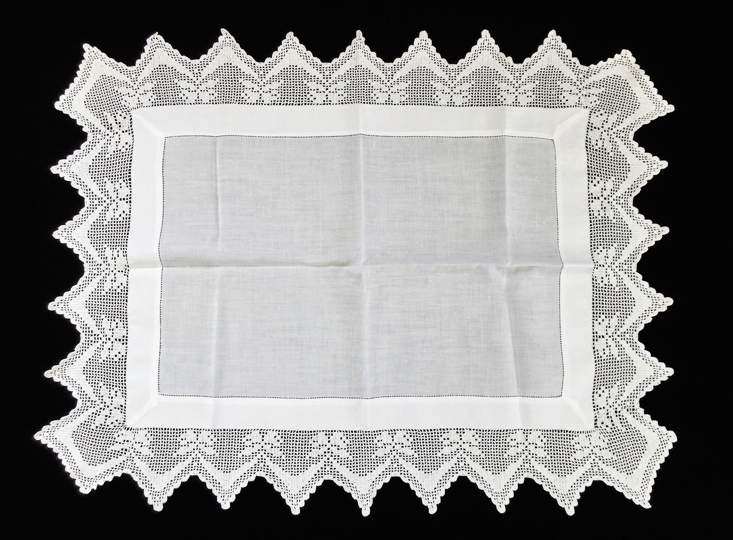 Antique Irish Linen and Lace Table Topper with Ajour Openwork Embroidery and Deep Filet Crochet Edging