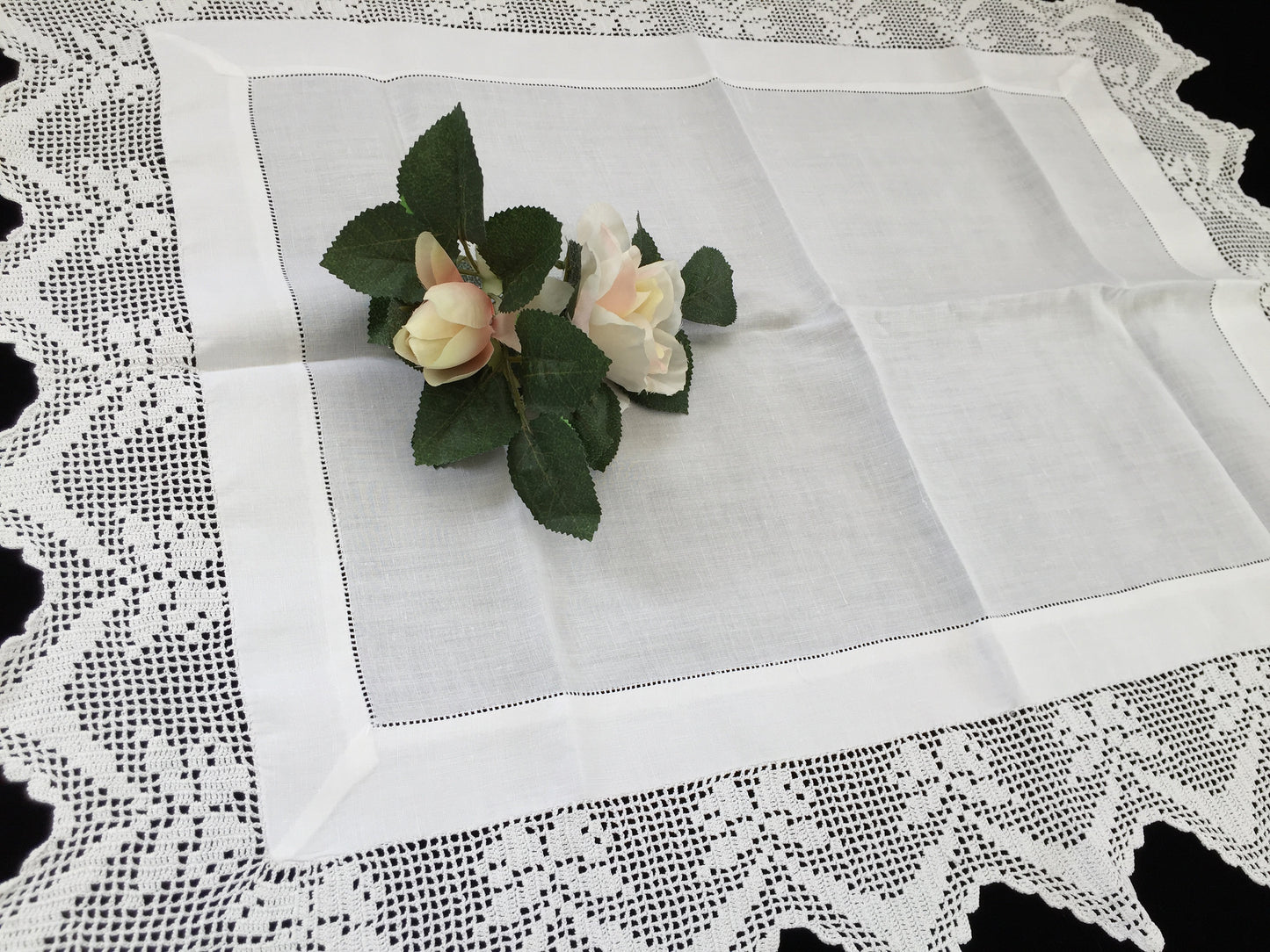 Antique Irish Linen and Lace Table Topper with Ajour Openwork Embroidery and Deep Filet Crochet Edging