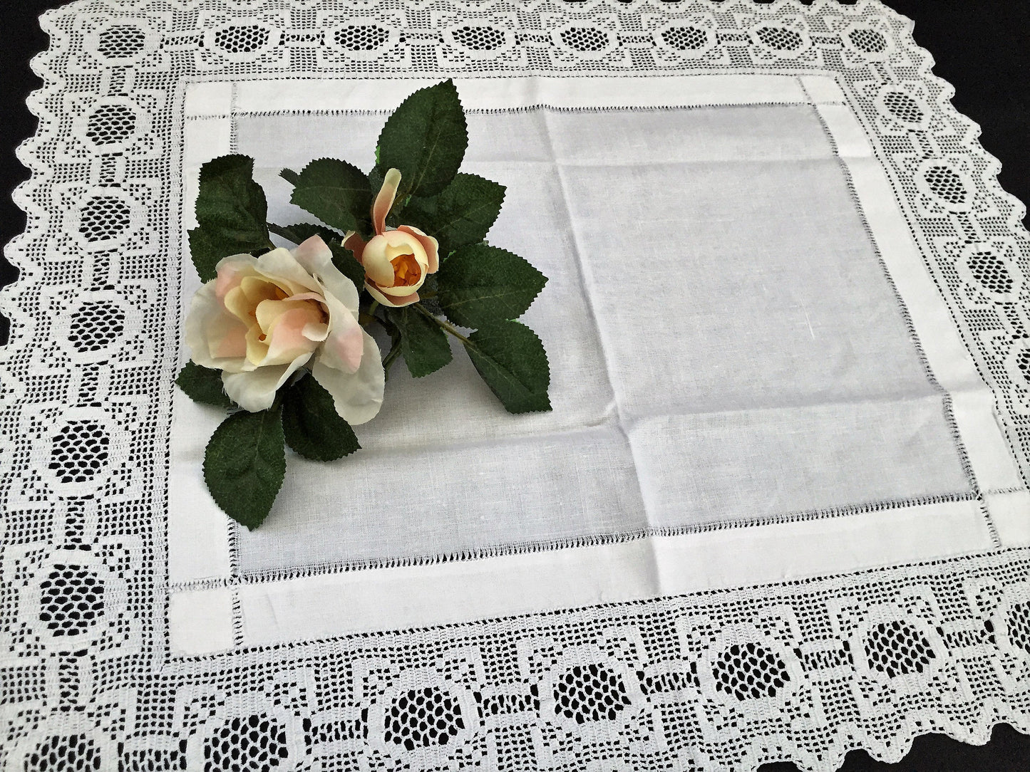 Antique Irish Linen and Lace Table Topper with Ajour Openwork Embroidery and Deep Filet Crochet Edging