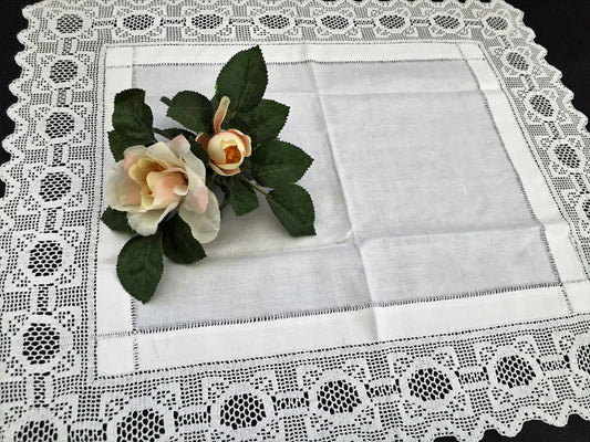 Antique Irish Linen and Lace Table Topper with Ajour Openwork Embroidery and Deep Filet Crochet Edging