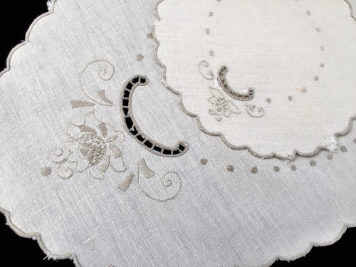 Vintage Madeira Off-white and Taupe Silk Embroidered Oval and Round Cotton Linen Doily Set of Two with Scalloped Edging