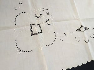 Antique Irish Linen Beige Madeira Broderie Anglaise Eyelet Hand Embroidered Linen Tablecloth/Supper Cloth
