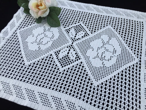 Large White Vintage Filet Crochet Lace Doily or Small Table Runner with Roses Pattern