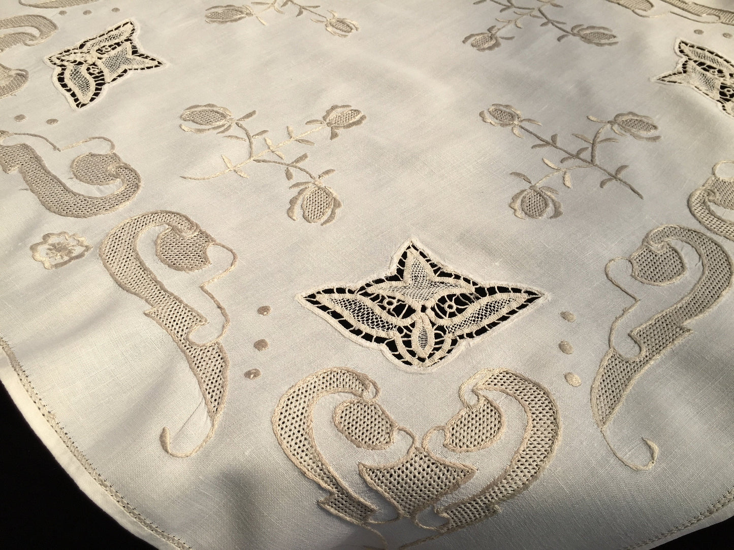 Embroidered Vintage Ivory/Beige Linen Tablecloth with Lace Inserts