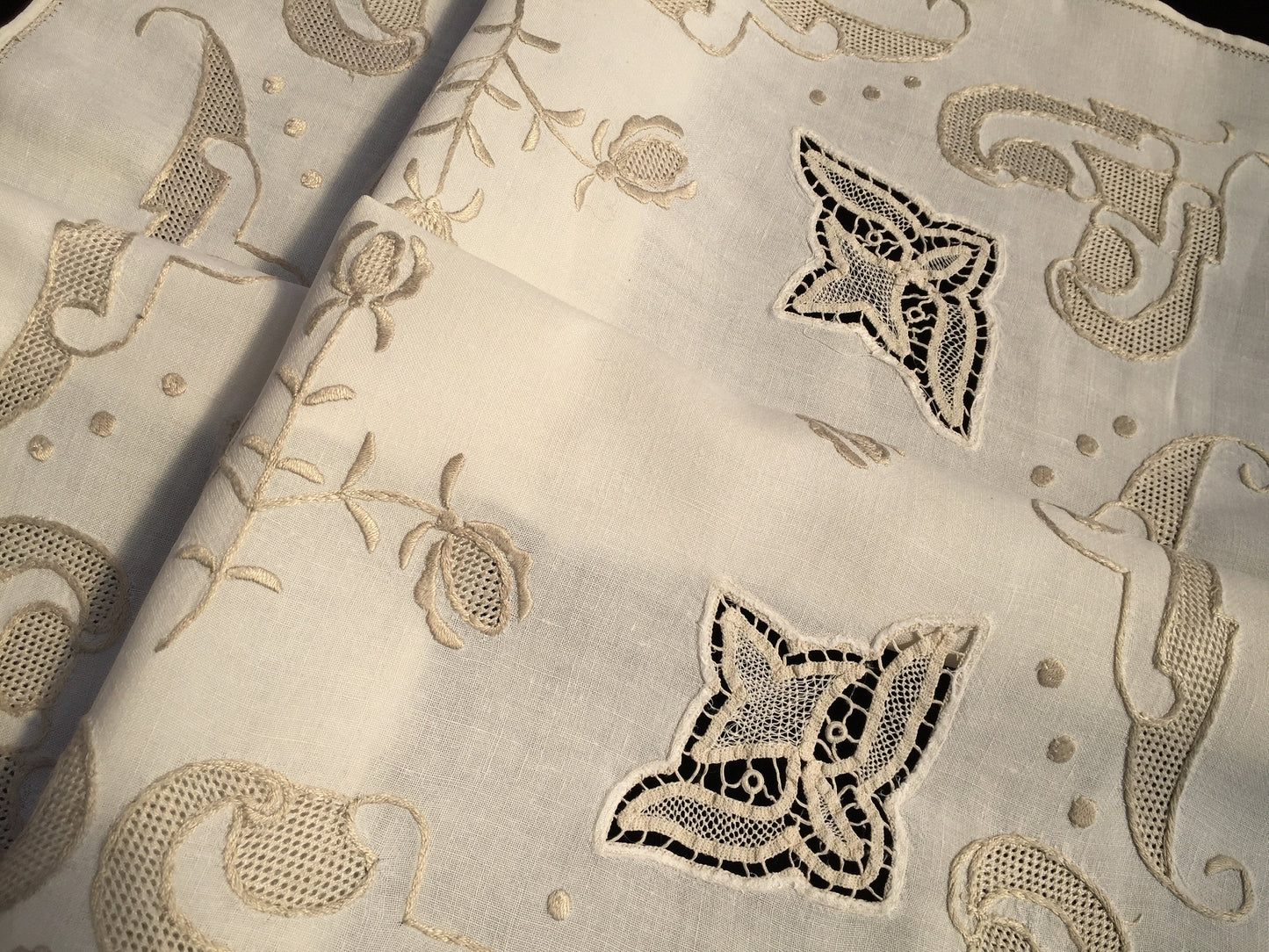 Embroidered Vintage Ivory/Beige Linen Tablecloth with Lace Inserts