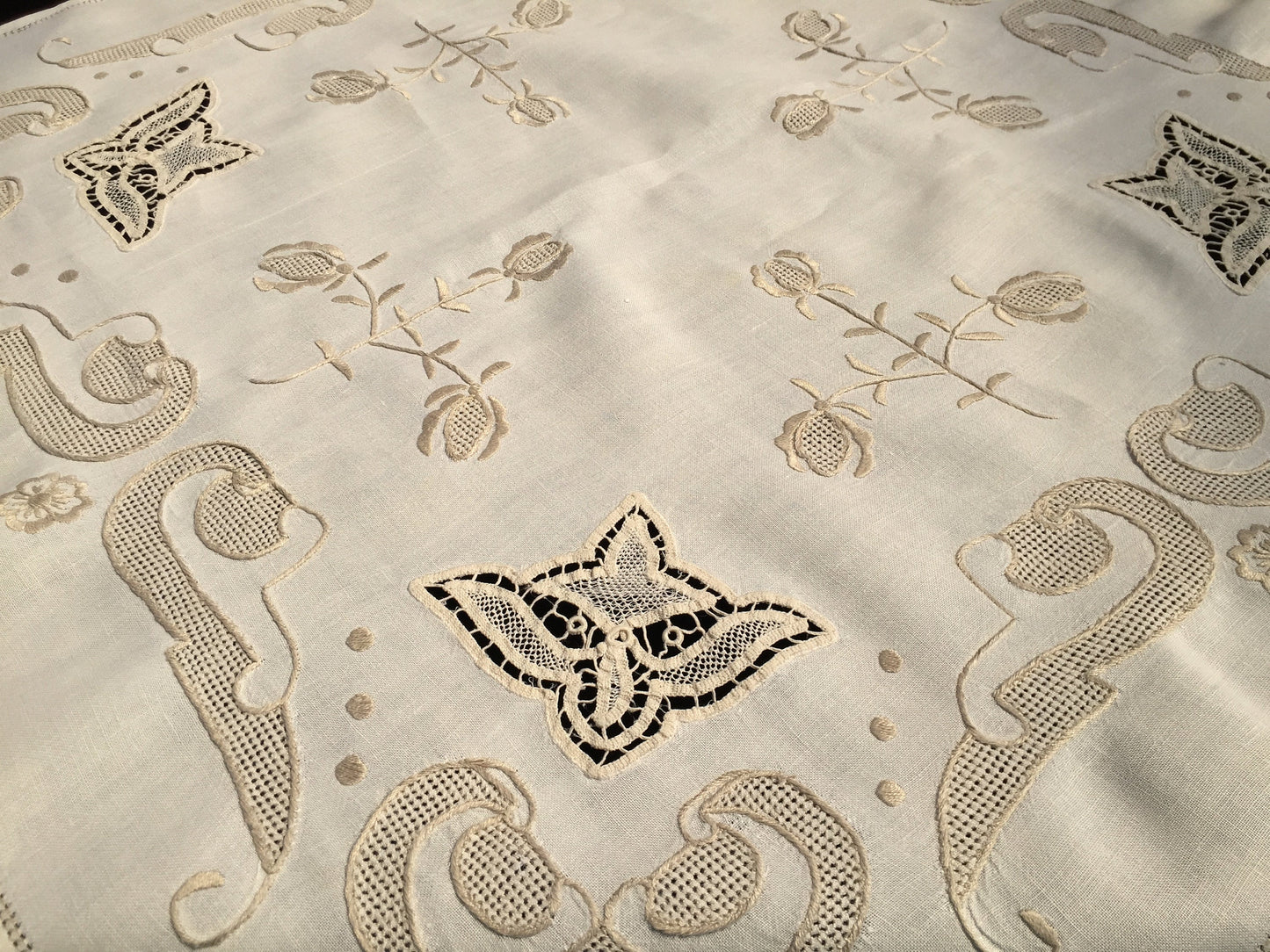 Embroidered Vintage Ivory/Beige Linen Tablecloth with Lace Inserts