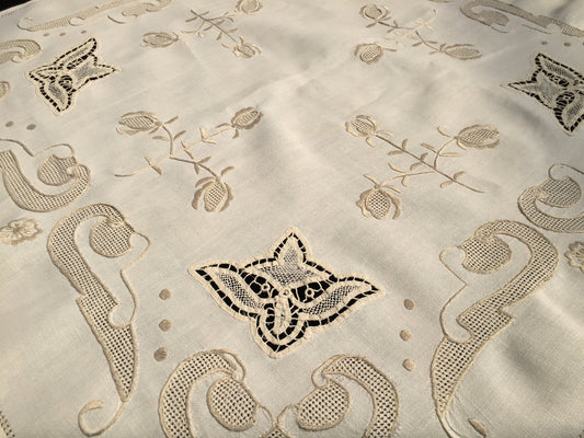 Embroidered Vintage Ivory/Beige Linen Tablecloth with Lace Inserts