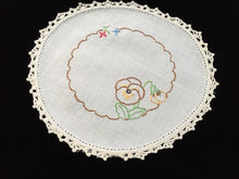 Load image into Gallery viewer, Vintage Hand Embroidered White Linen Doily with Pansies and a Crocheted Lace Edge