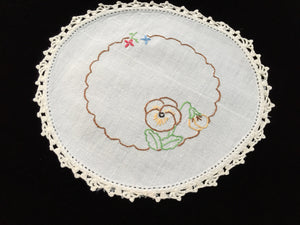 Vintage Hand Embroidered White Linen Doily with Pansies and a Crocheted Lace Edge