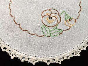 Vintage Hand Embroidered White Linen Doily with Pansies and a Crocheted Lace Edge