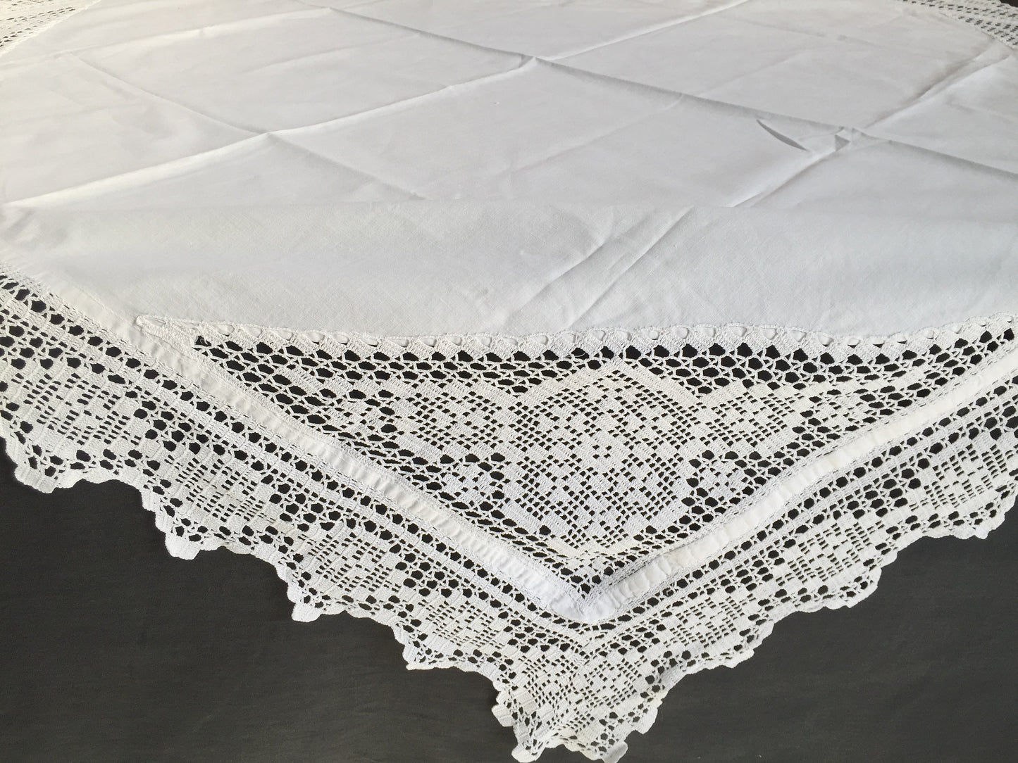 Antique Irish Linen Tablecloth with Crochet Lace Insets and Edging