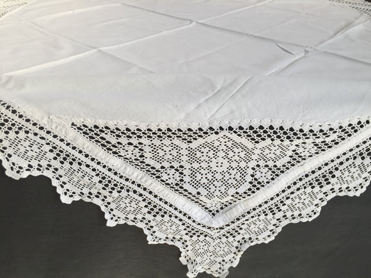 Antique Irish Linen Tablecloth with Crochet Lace Insets and Edging