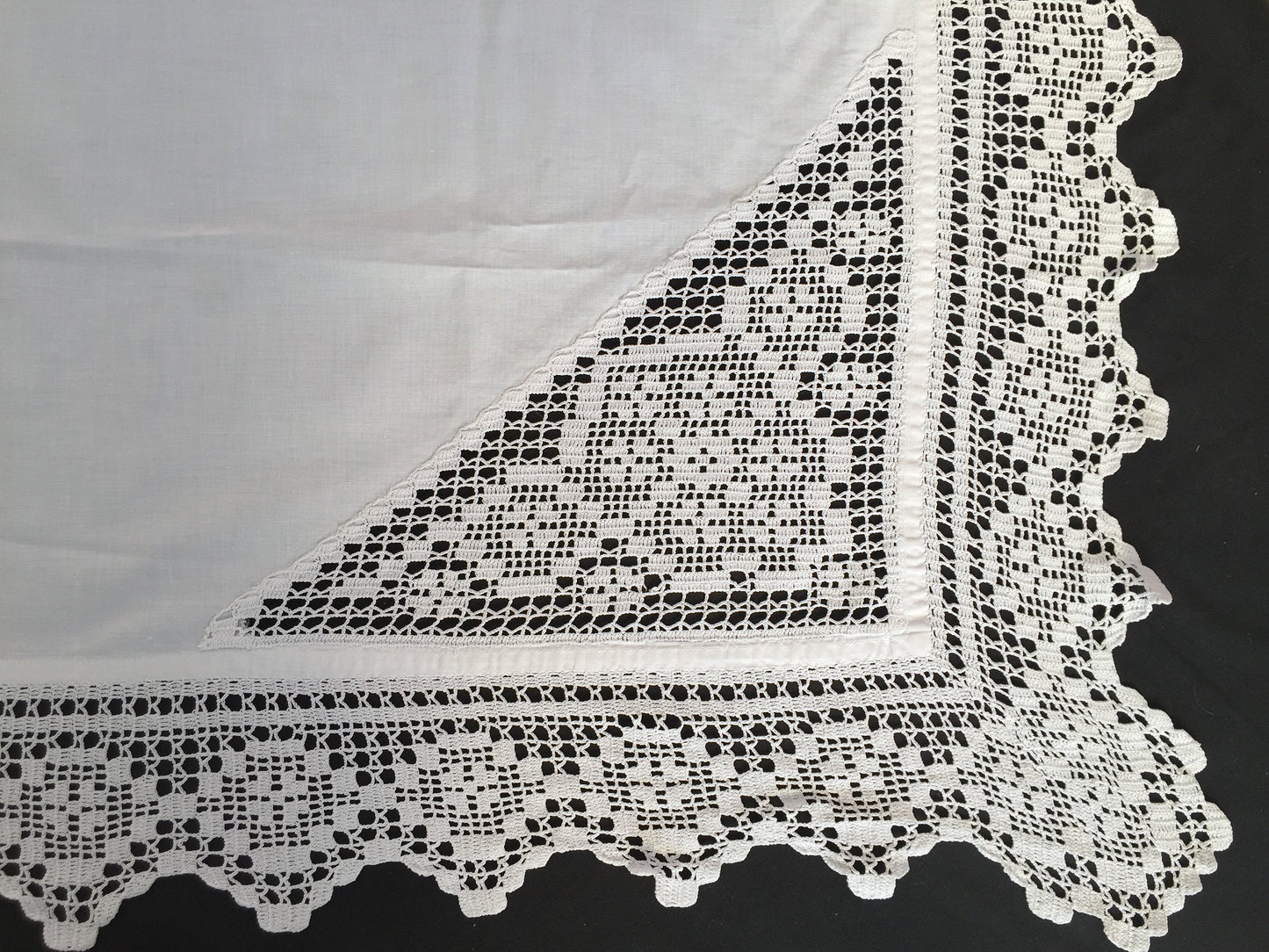 Antique Irish Linen Tablecloth with Crochet Lace Insets and Edging