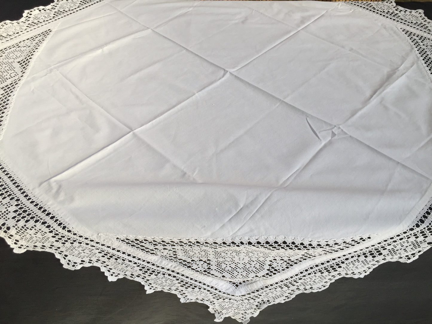 Antique Irish Linen Tablecloth with Crochet Lace Insets and Edging