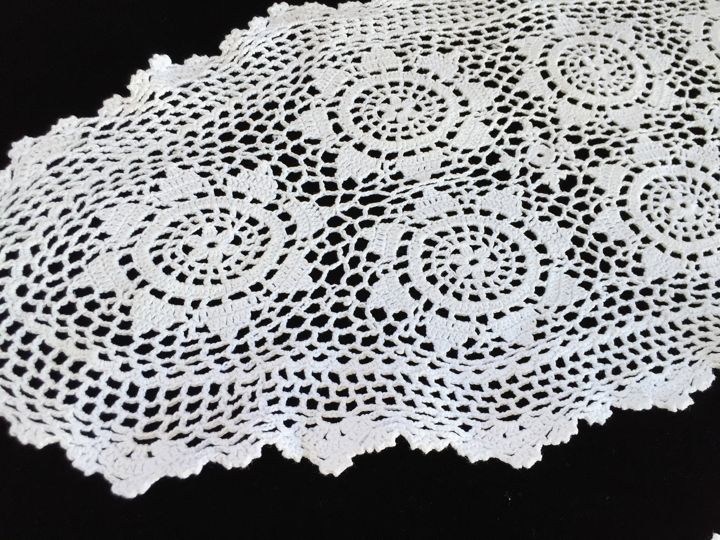 Pair of Oval Vintage Crocheted White Chunky Cotton Lace Table Runners
