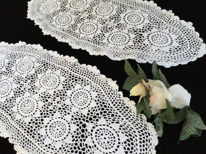 Pair of Oval Vintage Crocheted White Chunky Cotton Lace Table Runners