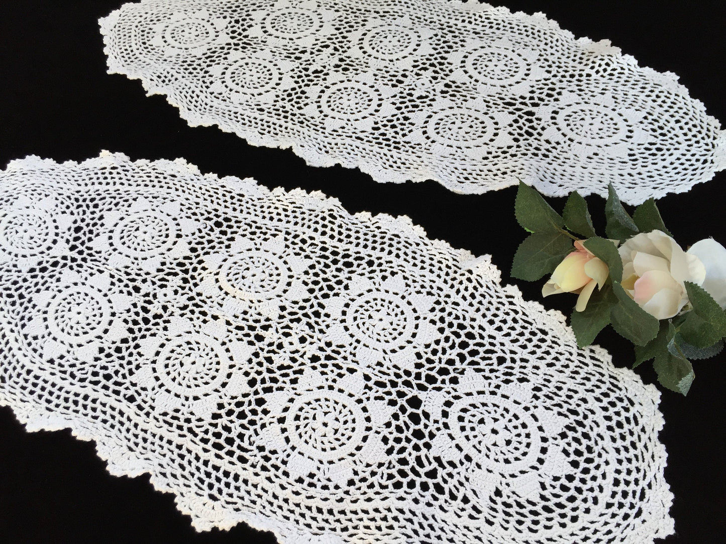 Pair of Oval Vintage Crocheted White Chunky Cotton Lace Table Runners