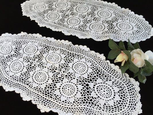 Pair of Oval Vintage Crocheted White Chunky Cotton Lace Table Runners
