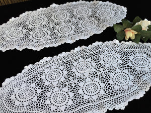 Pair of Oval Vintage Crocheted White Chunky Cotton Lace Table Runners