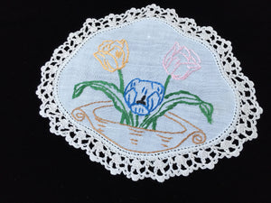 Vintage Hand Embroidered Off-white Linen Doily with a Basket of Tulips and  Ivory Crocheted Lace Edge
