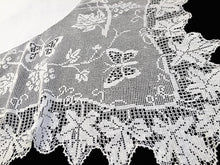 Load image into Gallery viewer, Antique Irish Lace and Linen Tablecloth with Mary Card Designed Filet Crochet Edging &quot;Grapevine and Butterflies&quot; Chart  No. 51&quot; Collectible