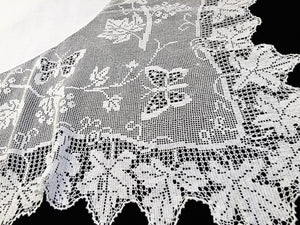 Antique Irish Lace and Linen Tablecloth with Mary Card Designed Filet Crochet Edging "Grapevine and Butterflies" Chart  No. 51" Collectible