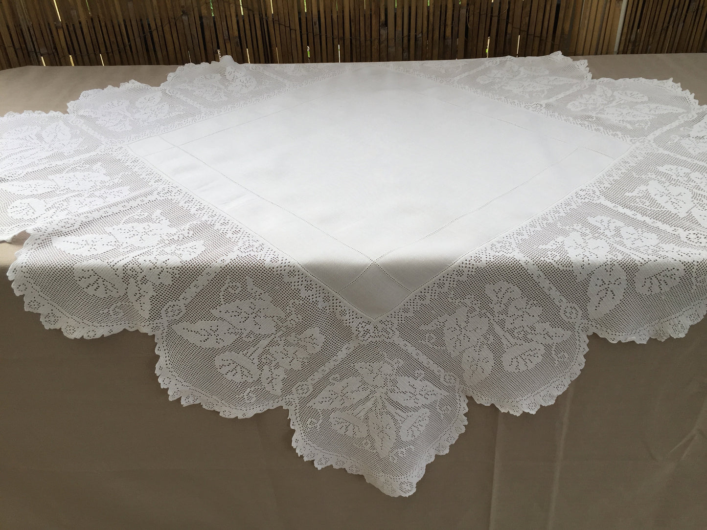 Collectible Antique Irish Lace and Linen Tablecloth with Filet Crochet Edging "Convolvulus" Trumpet Flower Design
