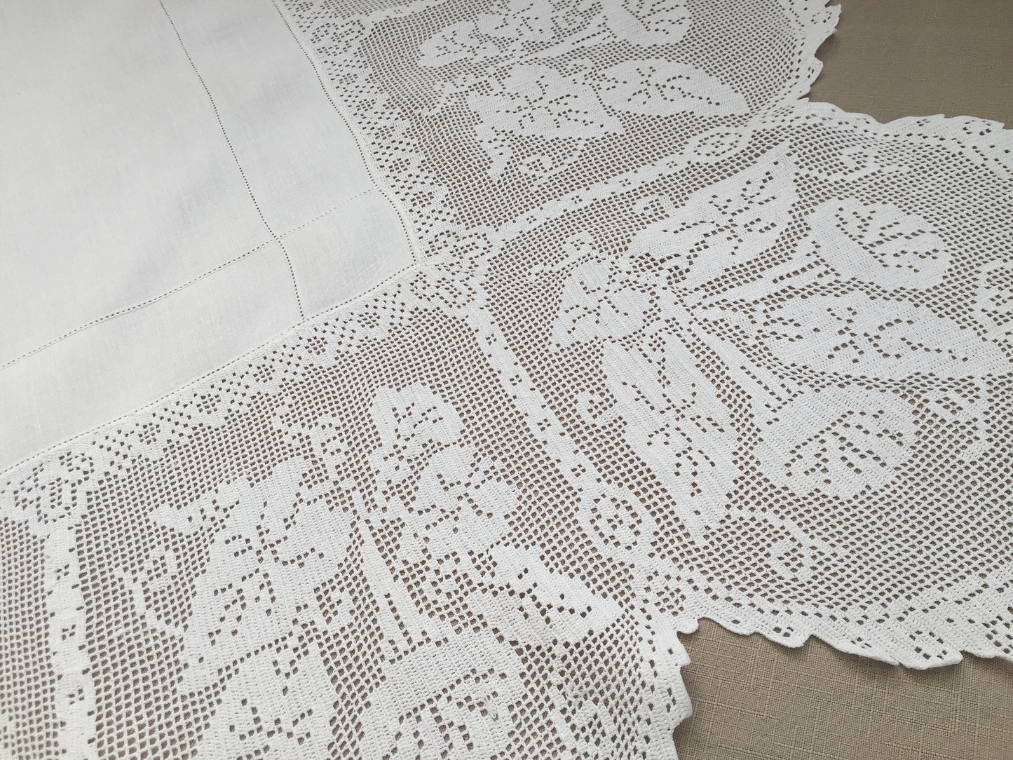 Collectible Antique Irish Lace and Linen Tablecloth with Filet Crochet Edging "Convolvulus" Trumpet Flower Design