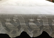 Load image into Gallery viewer, Antique Irish Lace and Linen Bed Cover with Mary Card Designed Filet Crochet Inlays and Edging &quot;Australian Animals&quot;