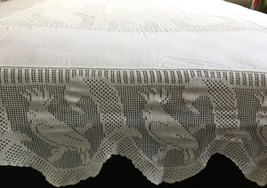 Antique Irish Lace and Linen Bed Cover with Mary Card Designed Filet Crochet Inlays and Edging "Australian Animals"