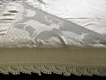 Load image into Gallery viewer, Stag Lace Antique Linen Bed Cover with Filet Crochet Corners and Edging, a Design from &quot;Lady&#39;s World Fancy Work&quot; 1911 Issue