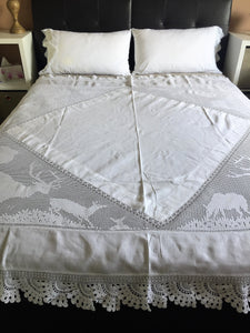 Stag Lace Antique Linen Bed Cover with Filet Crochet Corners and Edging, a Design from "Lady's World Fancy Work" 1911 Issue