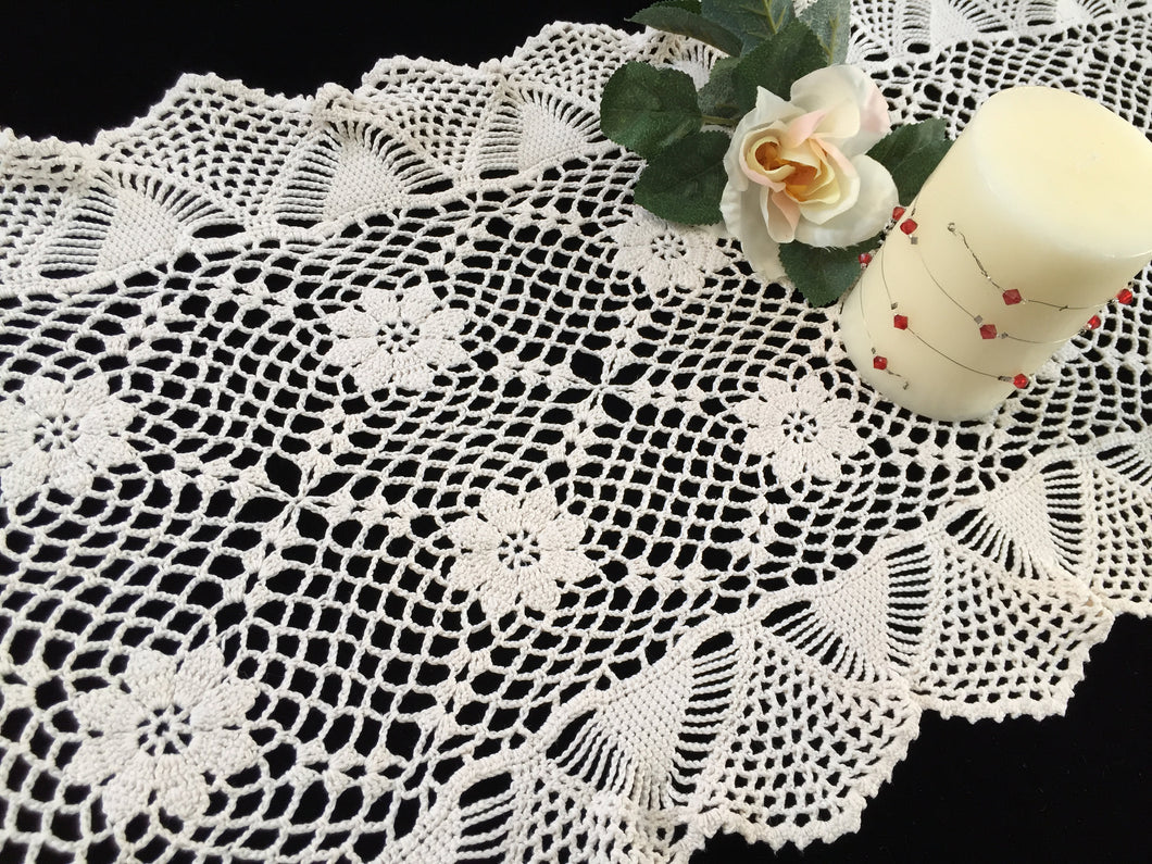 1980s Vintage Crocheted Chunky Cotton Lace Table Runner with Ruffled Edges