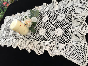 1980s Vintage Crocheted Chunky Cotton Lace Table Runner with Ruffled Edges