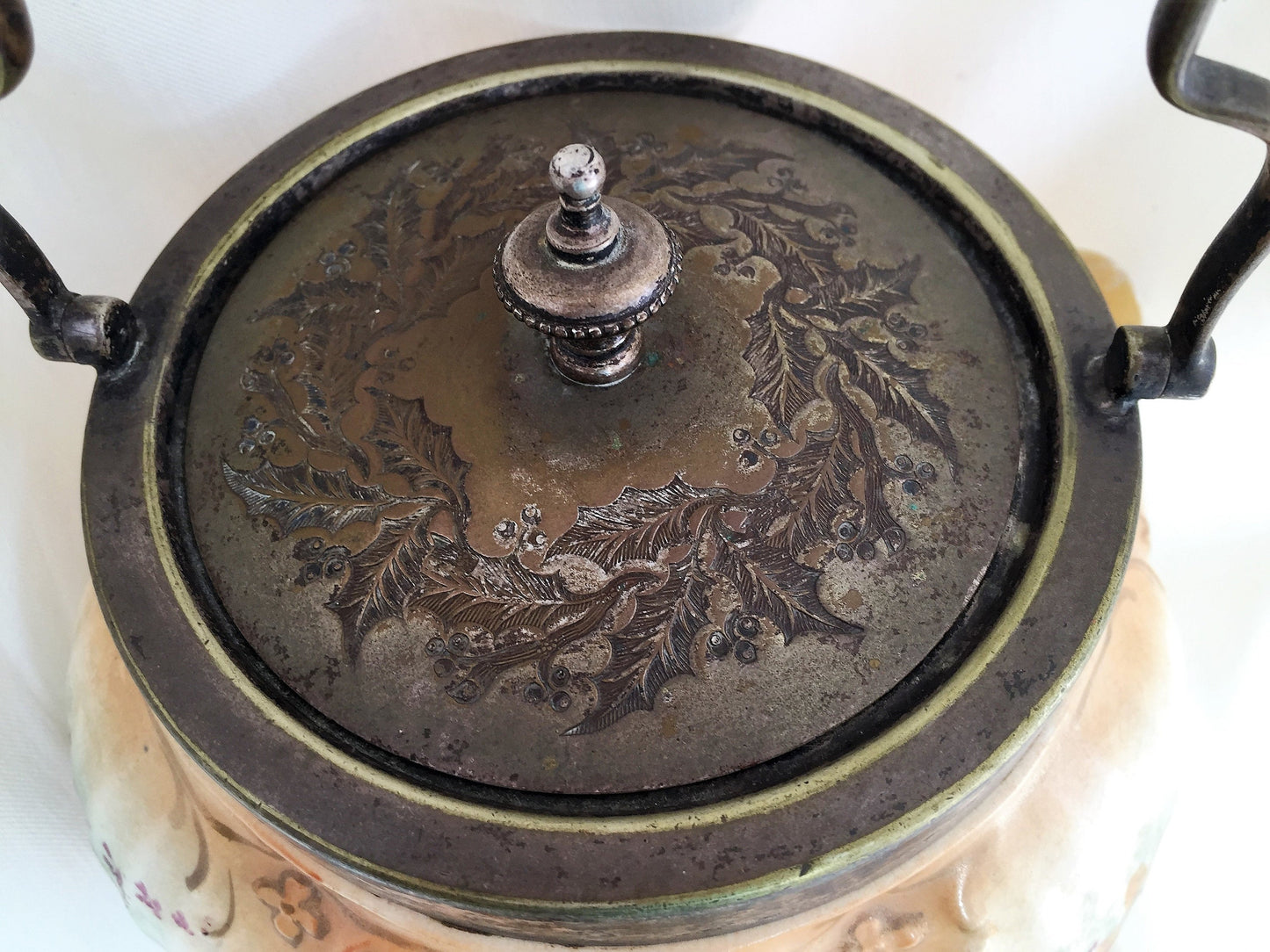 Art Deco Vintage Crown Devon S. Fielding Hand Painted Gold Lustre Floral Cookie Biscuit Jar with Handle and Holly Patterned Lid
