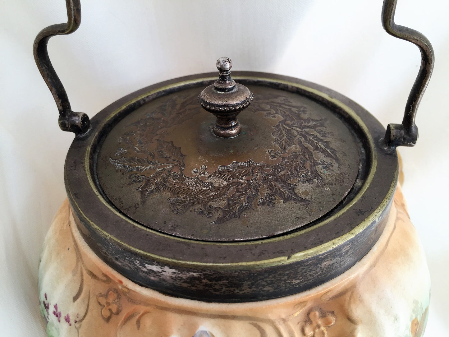 Art Deco Vintage Crown Devon S. Fielding Hand Painted Gold Lustre Floral Cookie Biscuit Jar with Handle and Holly Patterned Lid