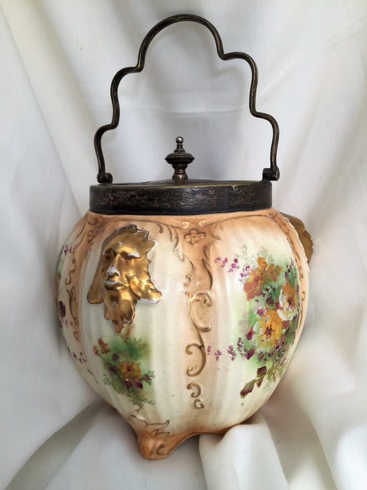 Art Deco Vintage Crown Devon S. Fielding Hand Painted Gold Lustre Floral Cookie Biscuit Jar with Handle and Holly Patterned Lid