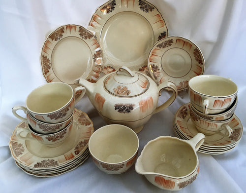 J & G Meakin Sunshine R 561073 Tea Set Complete with Teapot, Creamer, Sugar Bowl, Tea Cups, Saucers and Plate