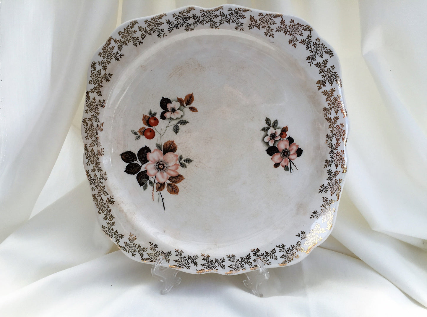 Lord Nelson 10" Square Flat Cake Plate Gold Filigree and Floral Design